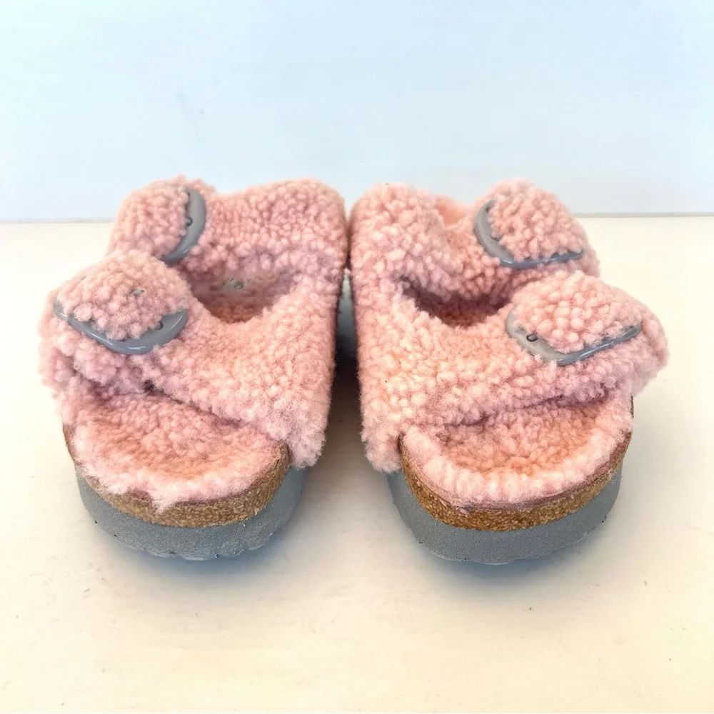 BIRKENSTOCK Papillio Arizona Rosa Pink Teddy Big Buckle Shearling Sandals Sz 39